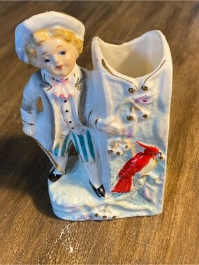 Porcelain Figurine Boy victorian Vase with Red Cardinal Accent vtg